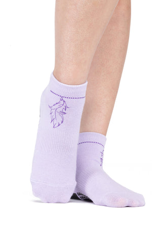 Lavender ankle grip socks accented with dark purple foil in the shape of a beaded anklet with a feather hanging from the chain. The chain extends from ankle to ankle on the front side of the foot.
