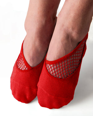 Red ankle height, scooped socks with a diagonal mesh panel extending from the outside of the ankle to the top of the toes.